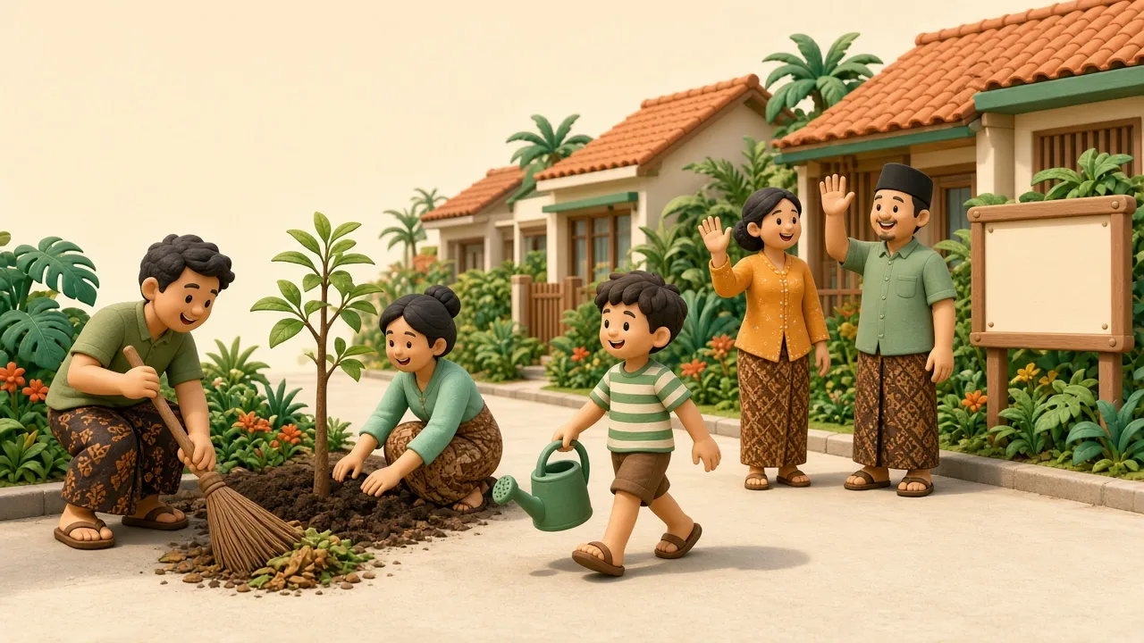 Ilustrasi warga bergotong royong membersihkan lingkungan