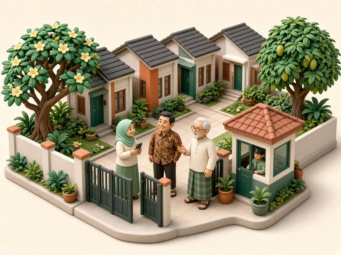 Ilustrasi warga perumahan berbincang di depan gerbang cluster